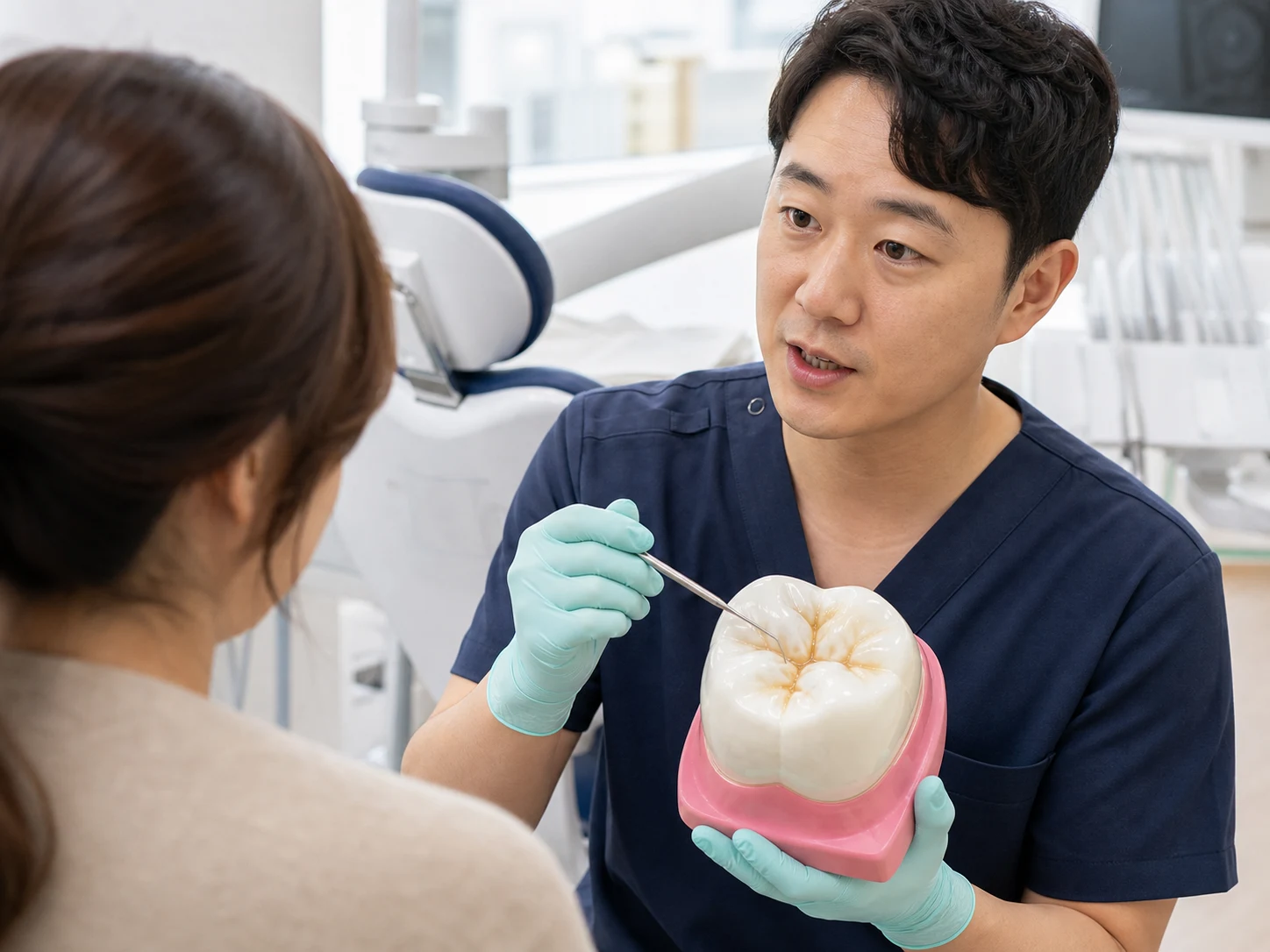 치과에서 어금니 홈메우기 과정을 설명하는 장면
