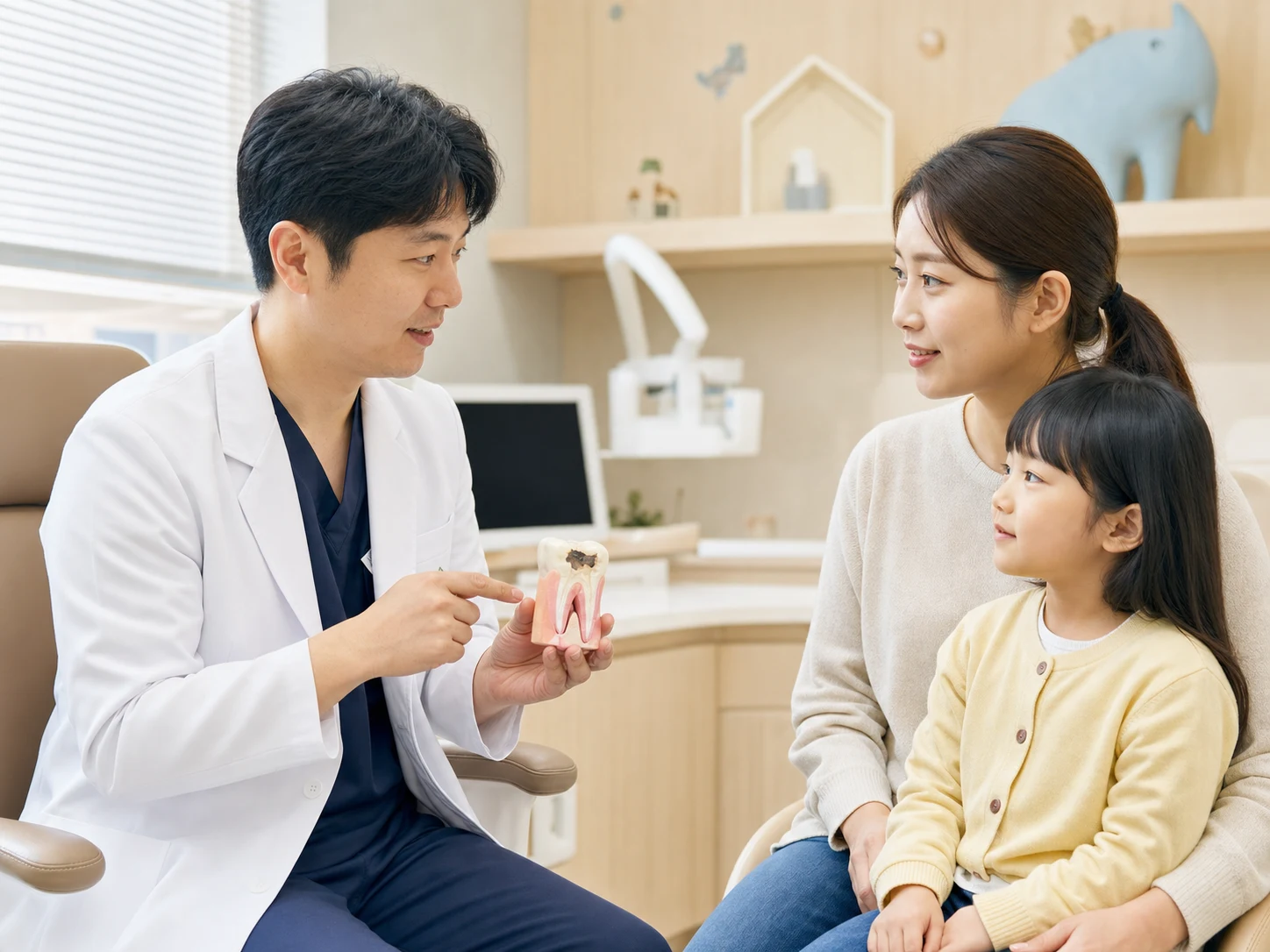 소아치과에서 치과의사가 보호자에게 유치 치아 모형으로 설명하는 장면